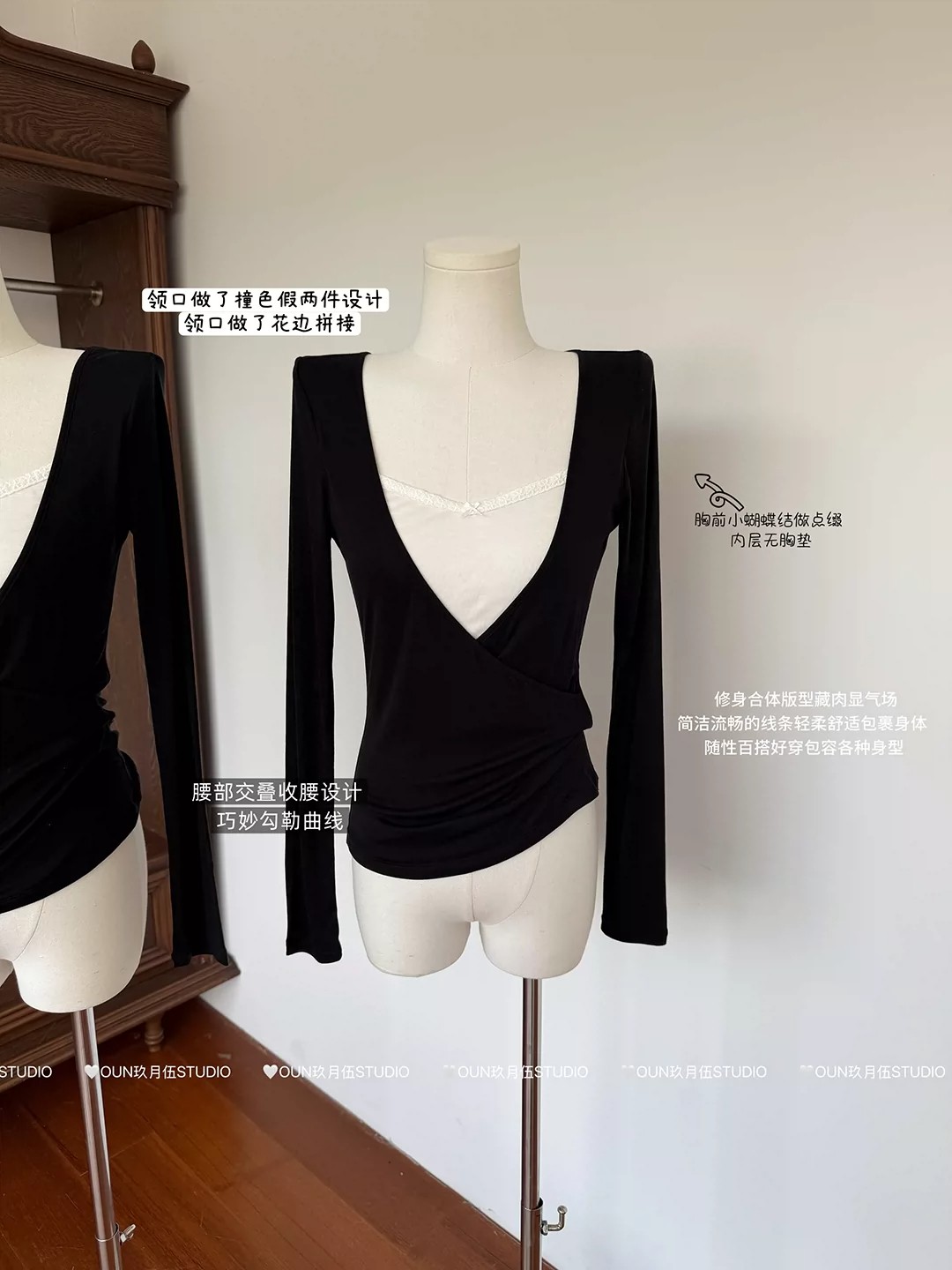 Women's Black V-Neck Long Sleeve Slim Fit Top - Image 3