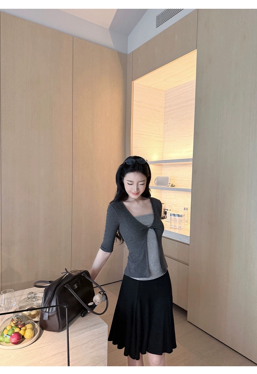 Women's Gray Faux Two-Piece Slim Fit Long Sleeve Polo Shirt - Image 2