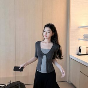 Women's Gray Faux Two-Piece Slim Fit Long Sleeve Polo Shirt