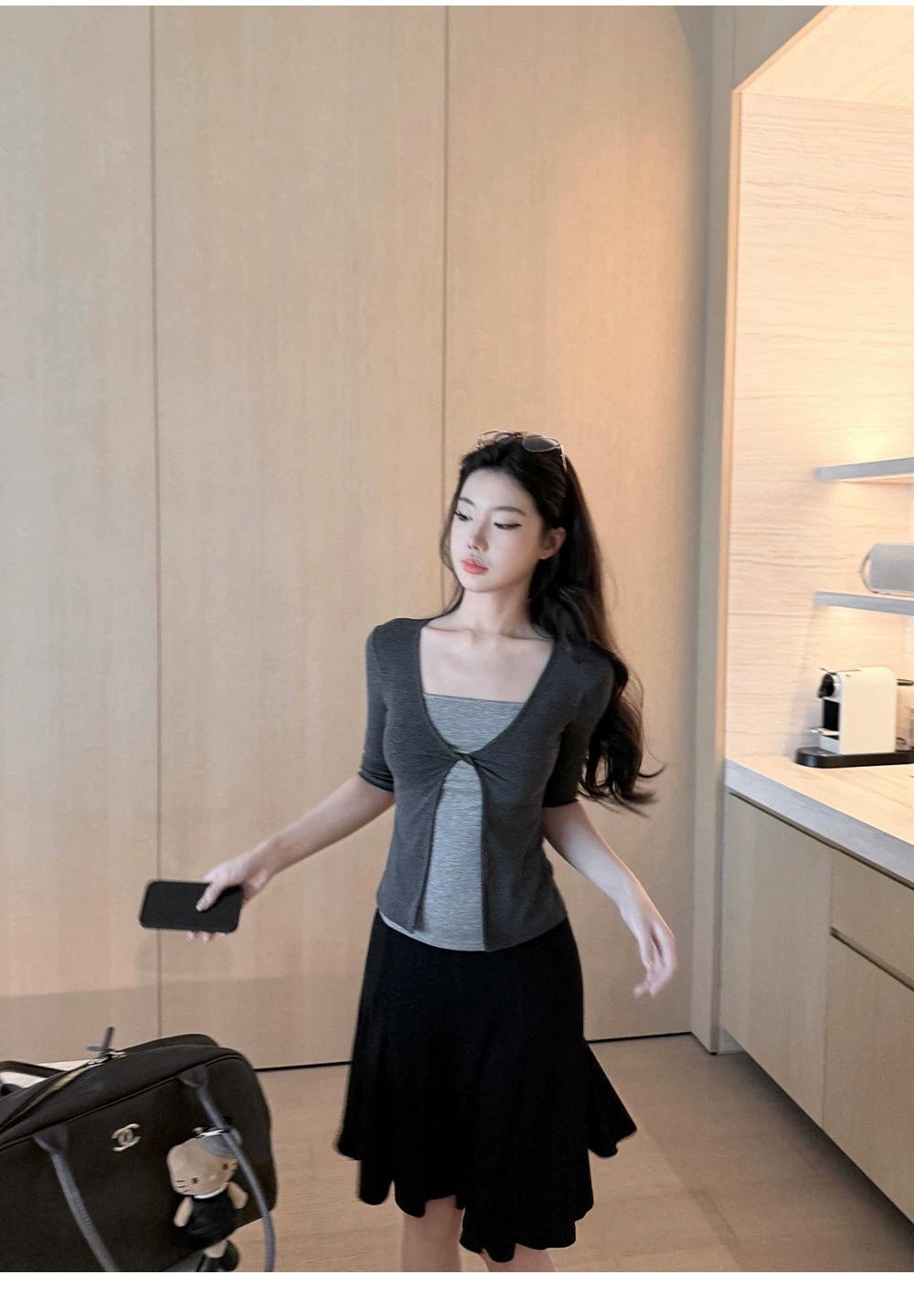 Women's Gray Faux Two-Piece Slim Fit Long Sleeve Polo Shirt