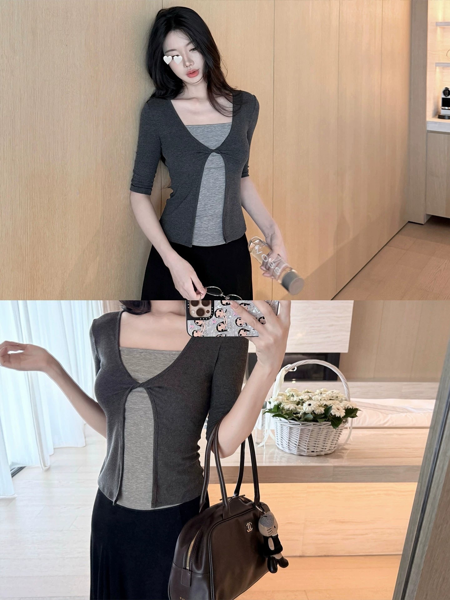 Women's Gray Faux Two-Piece Slim Fit Long Sleeve Polo Shirt - Image 4