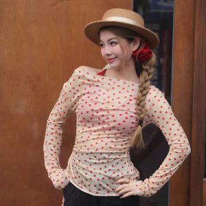 Women's Two-Piece Shirt and Cami Set with Heart Print One-Shoulder Top and Drawstring Waist