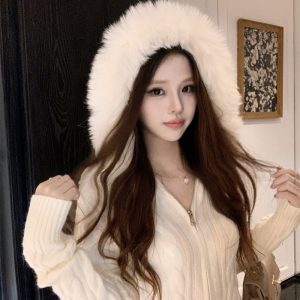 Women's Hooded Zip Cardigan Sweater Short Slim Knit Top