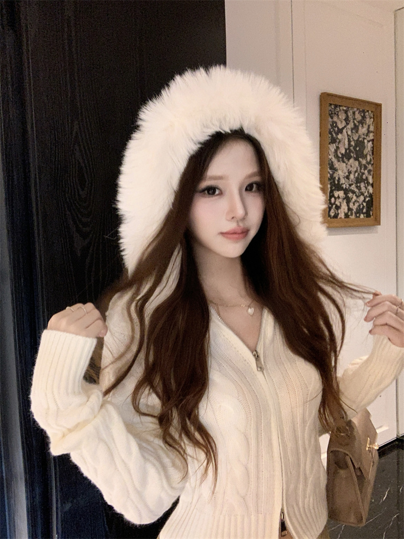 Women's Hooded Zip Cardigan Sweater Short Slim Knit Top