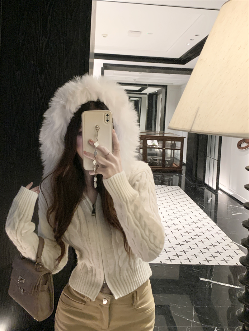 Women's Hooded Zip Cardigan Sweater Short Slim Knit Top - Image 2