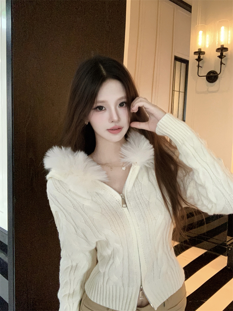 Women's Hooded Zip Cardigan Sweater Short Slim Knit Top - Image 3