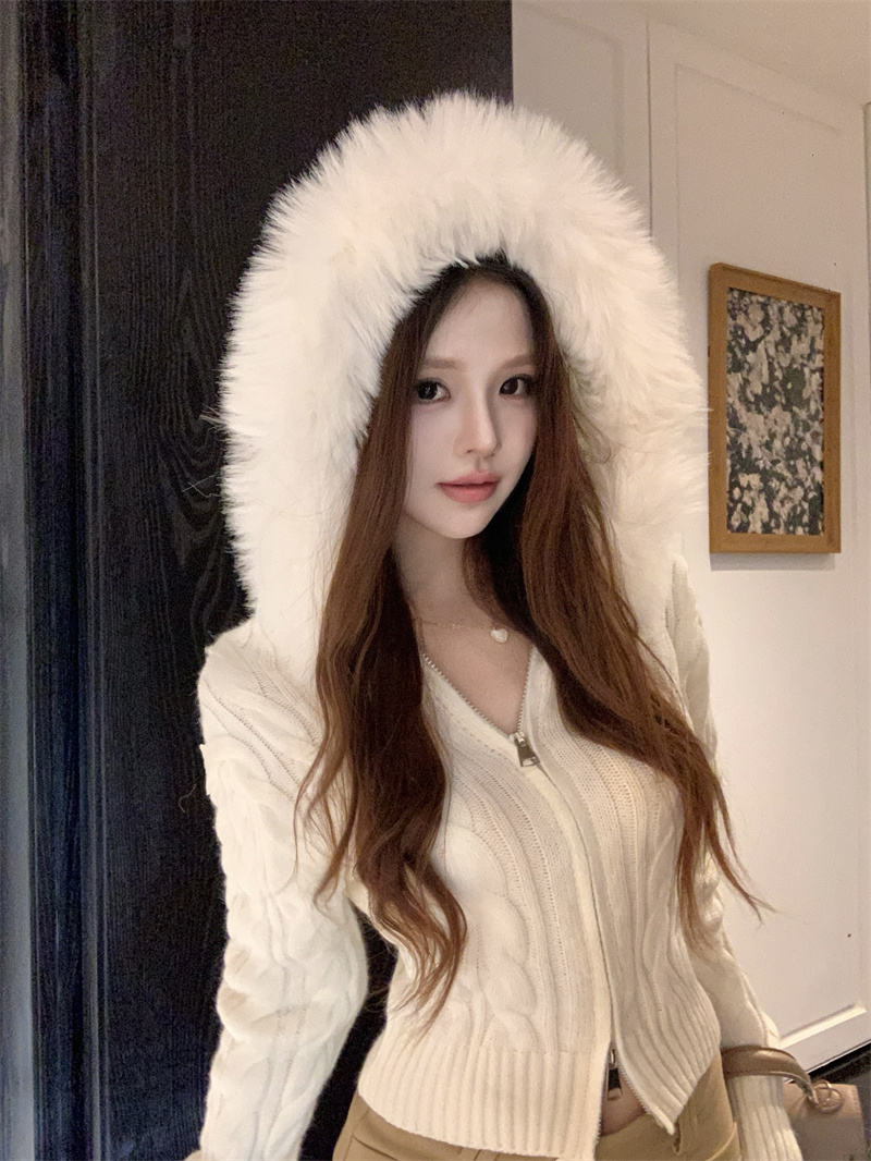 Women's Hooded Zip Cardigan Sweater Short Slim Knit Top - Image 4