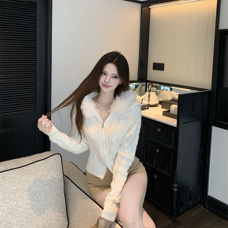 Women's Hooded Zip Cardigan Sweater Short Slim Knit Top - Image 5