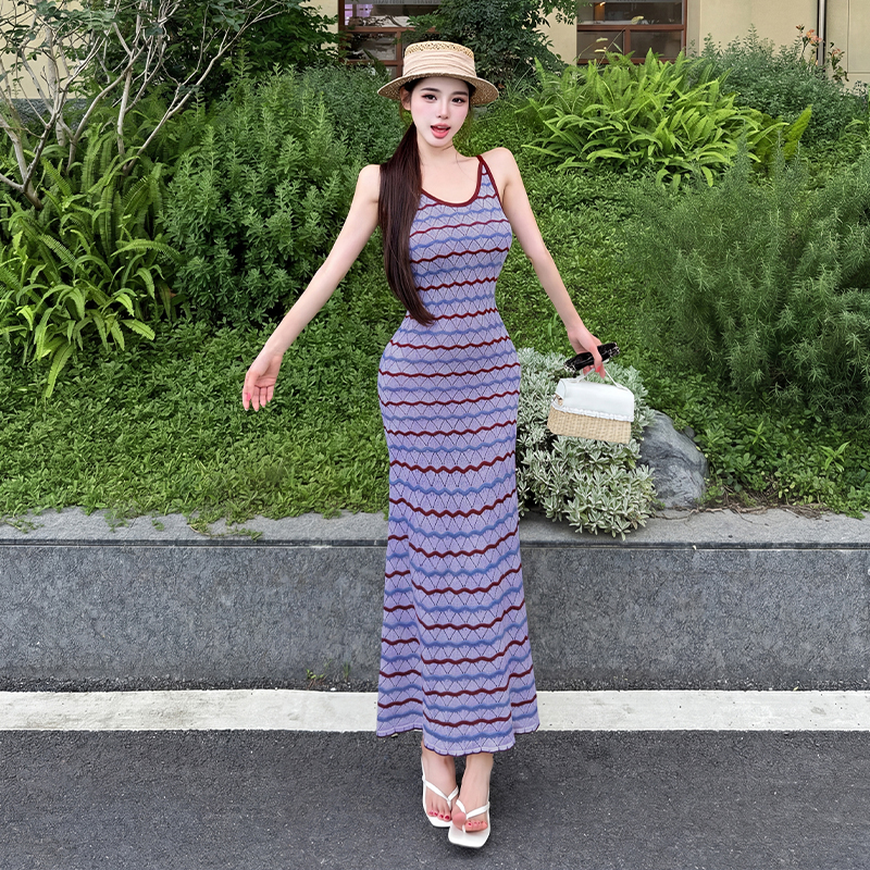 Korean Style Casual Color Block Striped Knit Cami Dress Women Slim Fit Sleeveless Tank Dress Vacation - Image 2